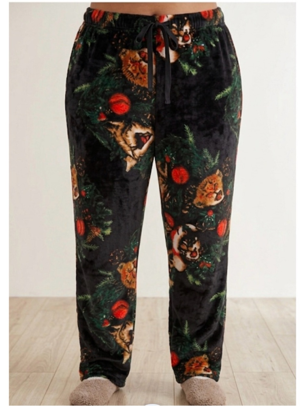 MAD ENGINE Cat Christmas Pajama Lounge Pants, Women’s XL, Black Green Orange